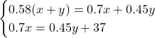 Rendered by QuickLaTeX.com \begin{eqnarray*} \begin{cases}0.58(x+y)=0.7x+0.45y\\0.7x=0.45y+37 \end{cases} \end{eqnarray*}