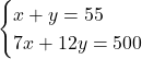Rendered by QuickLaTeX.com \begin{eqnarray*} \begin{cases}x + y = 55\\7x + 12y = 500\end{cases} \end{eqnarray*}