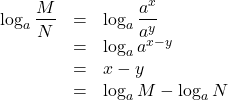 \begin{array}{lll}\log_a \dfrac{M}{N}&=&\log_a \dfrac{a^x}{a^y}\\&=&\log_a a^{x-y}\\&=&x-y\\&=&\log_a M-\log_a N\end{array}