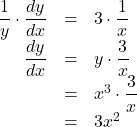 \begin{array}{rll}\dfrac1y\cdot\dfrac{dy}{dx}&=&3\cdot\dfrac{1}{x}\\\dfrac{dy}{dx}&=&y\cdot\dfrac{3}{x}\\&=&x^3\cdot\dfrac{3}{x}\\&=&3x^2\end{array}