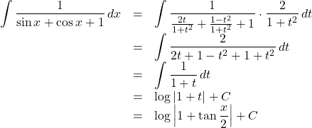 Rendered by QuickLaTeX.com \begin{array}{lll}\displaystyle\int\dfrac{1}{\sin x+\cos x+1}\, dx&=&\displaystyle\int\dfrac{1}{\frac{2t}{1+t^2}+\frac{1-t^2}{1+t^2}+1}\cdot\dfrac{2}{1+t^2}\, dt\\&=&\displaystyle\int\dfrac{2}{2t+1-t^2+1+t^2}\, dt\\&=&\displaystyle\int\dfrac{1}{1+t}\, dt\\&=&\log\left|1+t\right|+C\\&=&\log\left|1+\tan\dfrac{x}{2}\right|+C\end{array}