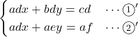 \begin{eqnarray*} \begin{cases}adx + bdy = cd&\cdots\textcircled{\scriptsize 1}' \\adx + aey = af&\cdots\textcircled{\scriptsize 2}'    \end{cases} \end{eqnarray*}