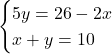 Rendered by QuickLaTeX.com \begin{eqnarray*} \begin{cases}5y = 26-2x\\x + y = 10\end{cases} \end{eqnarray*}