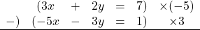 \begin{array}{R{2em}R{2em}R{1em}R{2em}R{1em}R{2em}R{3em}}&(3x&+&2y&=&7)&\times(-5)\\-)&(-5x&-&3y&=&1)&\times3\\ \hline\end{array}