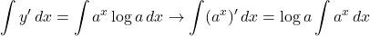 \displaystyle\int y' \,dx=\displaystyle\int a^x\log a\, dx\to\displaystyle\int (a^x)' \,dx=\log a\displaystyle\int a^x\, dx