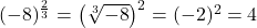 (-8)^{\frac23}=\left(\sqrt[3]{-8}\right)^2=(-2)^2=4