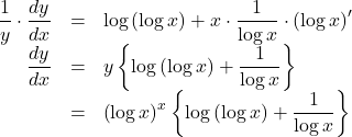 \begin{array}{rll}\dfrac{1}{y}\cdot\dfrac{dy}{dx}&=&\log\left(\log x\right)+x\cdot\dfrac{1}{\log x}\cdot\left(\log x\right)'\\\dfrac{dy}{dx}&=&y\left\{\log\left(\log x\right)+\dfrac{1}{\log x}\right\}\\&=&\left(\log x\right)^x\left\{\log\left(\log x\right)+\dfrac{1}{\log x}\right\}\end{array}