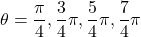 \theta=\dfrac{\pi}{4},\dfrac34\pi,\dfrac54\pi,\dfrac74\pi