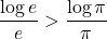 \dfrac{\log e}{e}>\dfrac{\log\pi}{\pi}