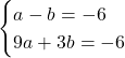 Rendered by QuickLaTeX.com \begin{cases}a - b = -6 \\9a + 3b = -6 \end{cases}