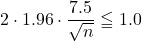 2\cdot1.96\cdot\dfrac{7.5}{\sqrt{n}}\leqq1.0