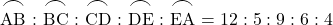 \ko{AB}\ :\ \ko{BC}\ :\ \ko{CD}\ :\ \ko{DE}\ :\ \ko{EA}\ = 12 : 5 : 9 : 6 : 4