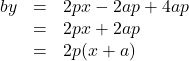 Rendered by QuickLaTeX.com \begin{array}{lll}by&=&2px-2ap+4ap\\&=&2px+2ap\\&=&2p(x+a)\end{array}
