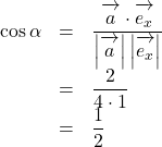 \begin{array}{lll}\cos\alpha&=&\dfrac{\bekutorui{a}\cdot\overrightarrow{\mathstrut e_x}}{\left|\overrightarrow{\mathstrut a}\right|\left|\overrightarrow{\mathstrut e_x}\right|}\\&=&\dfrac{2}{4\cdot1}\\&=&\dfrac12\end{array}