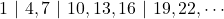 1\ |\ 4, 7\ |\ 10, 13, 16\ |\ 19, 22, \cdots