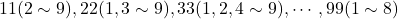 11(2\sim9), 22(1, 3\sim9), 33(1,2,4\sim9),\cdots, 99(1\sim8)