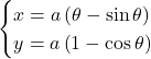 Rendered by QuickLaTeX.com \begin{cases}x=a\left(\theta-\sin\theta\right)\\y=a\left(1-\cos\theta\right)\end{cases}