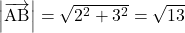 \left|\overrightarrow{\text{AB}}\right|=\sqrt{2^2+3^2}=\sqrt{13}