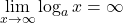 \displaystyle\lim_{x\to\infty} \log_a{x}=\infty