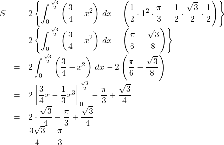 \begin{array}{lll}S&=&2\left\{\displaystyle\int^{\frac{\sqrt3}{2}}_{0}\left(\dfrac34-x^2\right)\,dx-\left(\dfrac12\cdot1^2\cdot\dfrac{\pi}{3}-\dfrac12\cdot\dfrac{\sqrt3}{2}\cdot\dfrac12\right)\right\}\\&=& 2\left\{\displaystyle\int^{\frac{\sqrt3}{2}}_{0}\left(\dfrac34-x^2\right)\,dx-\left(\dfrac{\pi}{6}-\dfrac{\sqrt3}{8}\right)\right\}\\&=&2 \displaystyle\int^{\frac{\sqrt3}{2}}_{0}\left(\dfrac34-x^2\right)\,dx-2\left(\dfrac{\pi}{6}-\dfrac{\sqrt3}{8}\right) \\ &=&2\left[\dfrac34x-\dfrac13x^3\right]^{\frac{\sqrt3}{2}}_{0}-\dfrac{\pi}{3}+\dfrac{\sqrt3}{4}\\&=&2\cdot\dfrac{\sqrt3}{4} -\dfrac{\pi}{3}+\dfrac{\sqrt3}{4}\\&=&\dfrac{3\sqrt3}{4}-\dfrac{\pi}{3}\end{array}