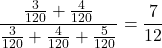 \dfrac{\frac{3}{120}+\frac{4}{120}}{\frac{3}{120}+\frac{4}{120}+\frac{5}{120}}=\dfrac{7}{12}