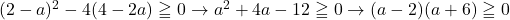 (2-a)^2-4(4-2a)\geqq0\to a^2+4a-12\geqq0\to (a-2)(a+6)\geqq0