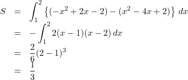 \begin{array}{lll}S&=&\displaystyle\int_{1}^{2}\left\{(-x^2+2x-2)-(x^2-4x+2)\right\}\,dx\\&=&-\displaystyle\int_{1}^{2}2(x-1)(x-2)\,dx\\&=&\dfrac26(2-1)^3\\&=&\dfrac13\end{array}