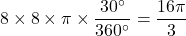 8\times8\times\pi\times\dfrac{30^{\circ}}{360^{\circ}}=\dfrac{16\pi}{3}