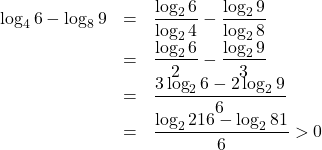 \begin{array}{lll}\log_46-\log_89&=&\dfrac{\log_26}{\log_24}-\dfrac{\log_29}{\log_28}\\&=&\dfrac{\log_26}{2}-\dfrac{\log_29}{3}\\&=&\dfrac{3\log_26-2\log_29}{6}\\&=&\dfrac{\log_2216-\log_281}{6}>0\end{array}