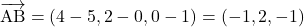 \bekutoru{AB}=(4-5,2-0,0-1)=(-1, 2, -1)