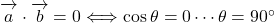 \overrightarrow{ \mathstrut a}\cdot\overrightarrow{ \mathstrut b}=0\Longleftrightarrow\cos\theta=0\cdots\theta=90\Deg