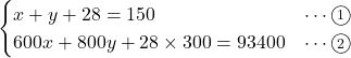 \begin{cases}x+y+28=150&\cdots\textcircled{\scriptsize 1}\\600x+800y+28\times300=93400&\cdots\textcircled{\scriptsize 2}\end{cases}