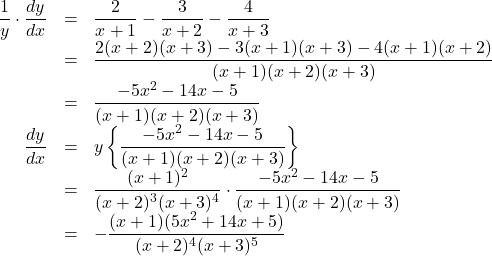 \begin{array}{rll}\dfrac{1}{y}\cdot\dfrac{dy}{dx}&=&\dfrac{2}{x+1}-\dfrac{3}{x+2}-\dfrac{4}{x+3}\\&=&\dfrac{2(x+2)(x+3)-3(x+1)(x+3)-4(x+1)(x+2)}{(x+1)(x+2)(x+3)}\\&=&\dfrac{-5x^2-14x-5}{(x+1)(x+2)(x+3)}\\\dfrac{dy}{dx}&=&y\left\{\dfrac{-5x^2-14x-5}{(x+1)(x+2)(x+3)}\right\}\\&=&\dfrac{(x+1)^2}{(x+2)^3(x+3)^4}\cdot\dfrac{-5x^2-14x-5}{(x+1)(x+2)(x+3)}\\&=&-\dfrac{(x+1)(5x^2+14x+5)}{(x+2)^4(x+3)^5}\end{array}