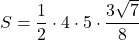 S=\dfrac12\cdot4\cdot5\cdot\dfrac{3\sqrt7}{8}