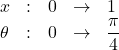 Rendered by QuickLaTeX.com \begin{array}{lllll}x&:&0&\to&1\\\theta&:&0&\to&\dfrac{\pi}{4}\end{array}