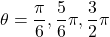 \theta=\dfrac{\pi}{6}, \dfrac{5}{6}\pi, \dfrac{3}{2}\pi