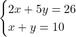 \begin{eqnarray*} \begin{cases}2x + 5y = 26\\x + y = 10\end{cases} \end{eqnarray*}