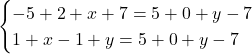 Rendered by QuickLaTeX.com \begin{cases} -5+2+x+7=5+0+y-7\\ 1+x-1+y=5+0+y-7 \end{cases}