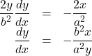 \begin{array}{rll}\dfrac{2y}{b^2}\dfrac{dy}{dx}&=&-\dfrac{2x}{a^2}\\\dfrac{dy}{dx}&=&-\dfrac{b^2x}{a^2y}\end{array}