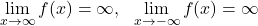 \displaystyle\lim_{x \to \infty} f(x)=\infty,\ \ \lim_{x \to -\infty} f(x)=\infty