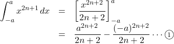 \begin{array}{lll}\displaystyle\int^{a}_{-a}x^{2n+1}\,dx&=&\left[\dfrac{x^{2n+2}}{2n+2}\right]^{a}_{-a}\\&=&\dfrac{a^{2n+2}}{2n+2}-\dfrac{(-a)^{2n+2}}{2n+2}\cdots\maru1\end{array}