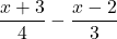 \dfrac{x+3}{4}-\dfrac{x-2}{3}
