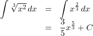 \begin{array}{lll}\displaystyle\int \sqrt[3]{x^2} \,dx&=&\displaystyle\int x^{\frac23} \,dx\\&=&\dfrac35 x^{\frac53}+C\end{array}