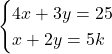 \begin{cases}4x+3y=25\\x+2y=5k\end{cases}