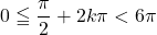 0\leqq\dfrac{\pi}{2}+2k\pi<6\pi