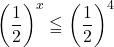 \left(\dfrac12\right)^{x}\leqq\left(\dfrac12\right)^4