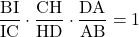 \dfrac{\mathrm{BI}}{\mathrm{IC}}\cdot\dfrac{\mathrm{CH}}{\mathrm{HD}}\cdot\dfrac{\mathrm{DA}}{\mathrm{AB}}=1