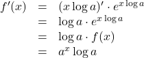 \begin{array}{lll}f'(x)&=&(x\log a)'\cdot e^{x\log a}\\&=&\log a\cdot e^{x\log a}\\&=&\log a \cdot f(x)\\&=&a^x \log a\end{array}