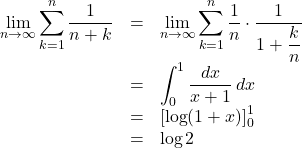 \begin{array}{lll}\displaystyle\lim_{n\to\infty}\displaystyle\sum^{n}_{k=1}\dfrac{1}{n+k}&=&\displaystyle\lim_{n\to\infty}\displaystyle\sum^{n}_{k=1}\dfrac1n\cdot\dfrac{1}{1+\dfrac{k}{n}}\\&=&\displaystyle\int^1_0\dfrac{dx}{x+1}\,dx\\&=&\left[\log(1+x)\right]^1_0\\&=&\log2\end{array}