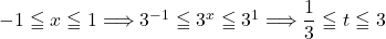 -1\leqq x\leqq 1\Longrightarrow3^{-1}\leqq3^x\leqq3^1\Longrightarrow\dfrac13\leqq t\leqq 3